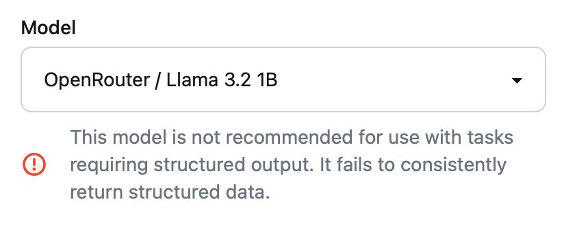 UI warning against using a model that may not support the current task requirement: JSON generation