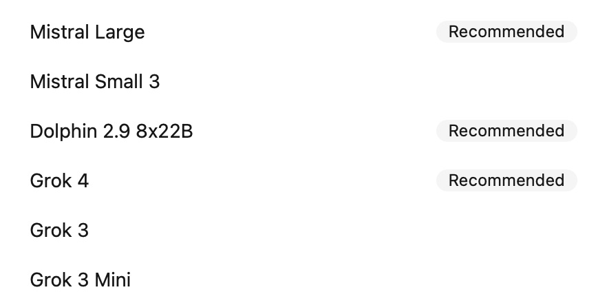 The uncensored filter in the model selection dropdown, showing Grok, Mistral and other uncensored models