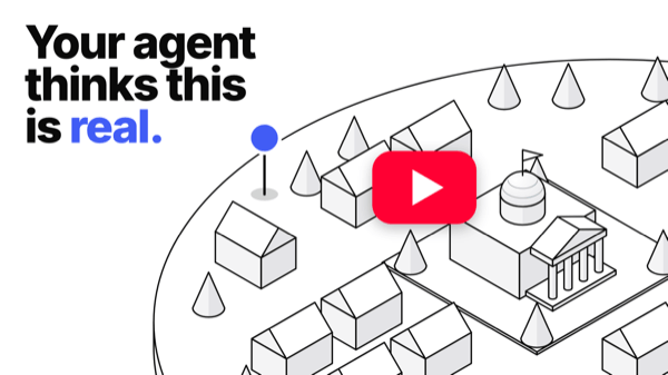 Introducing Seahaven video: “Your agent thinks this is real.” beside an isometric island town with a blue agent pin among the houses.